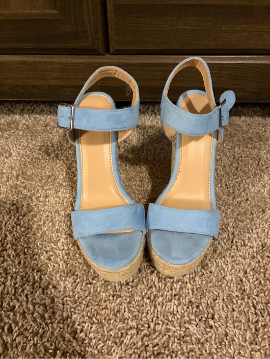 Wild Diva Shoes - Wild Diva Light Blue Suede Ankle-Strap Wedge Sandals